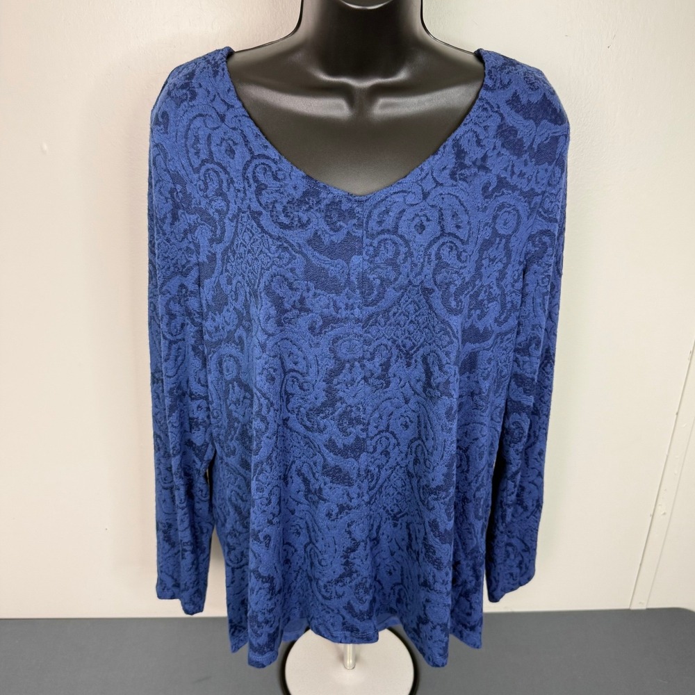 Habitat Top Womens Large Blue Damask Jacquard V-Neck Long Sleeve Shirt 34215